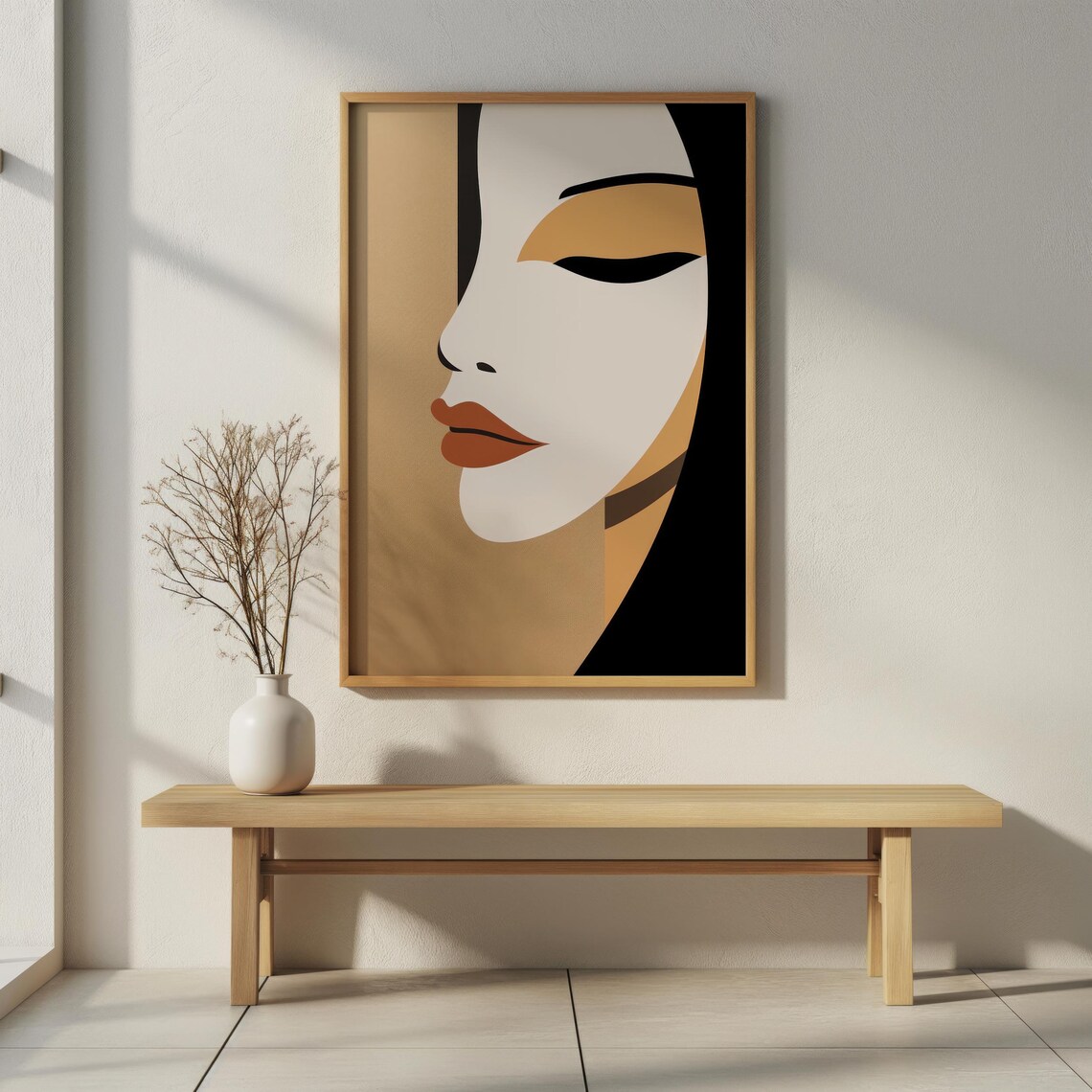 Minimalist Woman Profile Portrait Cream Black Gold Closed Eyes Art Print - Image 6