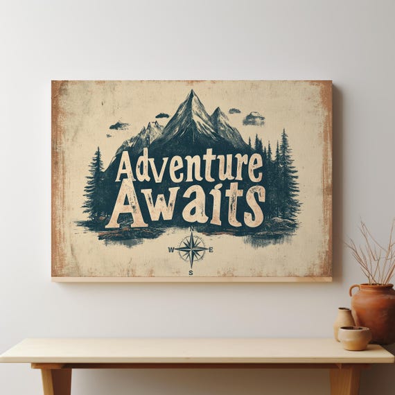 Adventure Awaits Rustic Typography Print Vintage Mountain Decor Earthy Green And Blue Wall Art Nature Outdoor Quote
