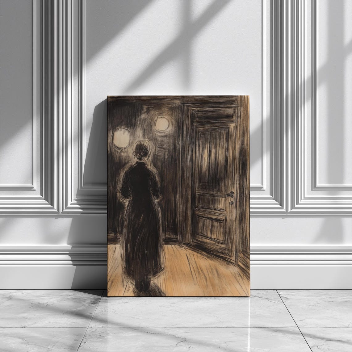 Echoes Of The Doorway Moody Charcoal Sketch Of Woman In A Dimly Lit Room Atmospheric Expressionist Art Dark Interior Illustration - Image 3