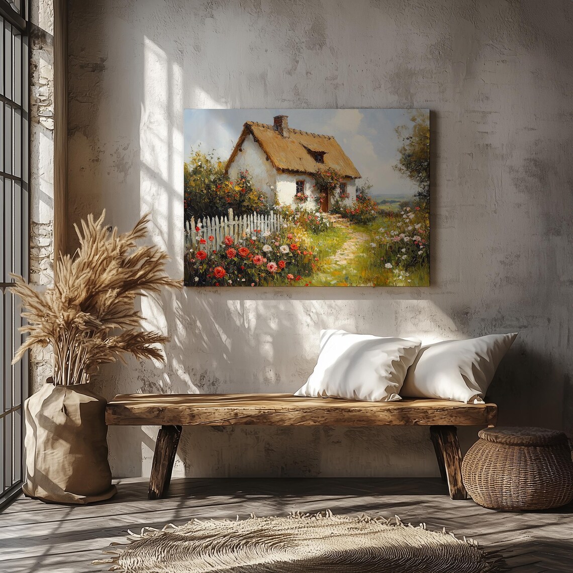 White Thatched Cottage Roses Garden Oil Painting Country Poster - Image 8
