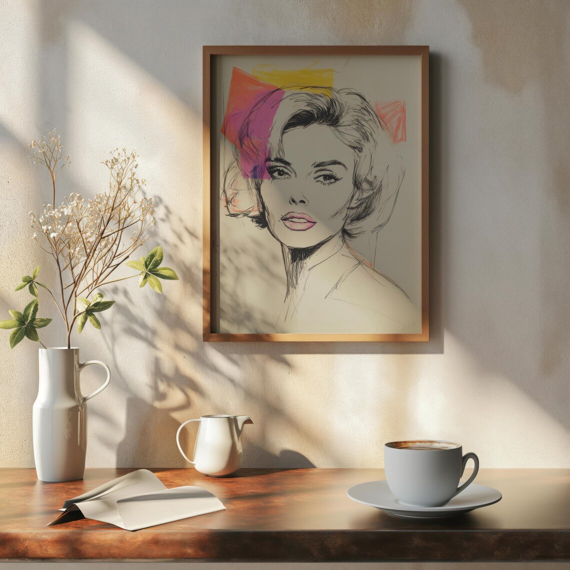 Retro Pop Art Woman Portrait Charcoal Sketch Neon Color Blocks Poster - Image 5