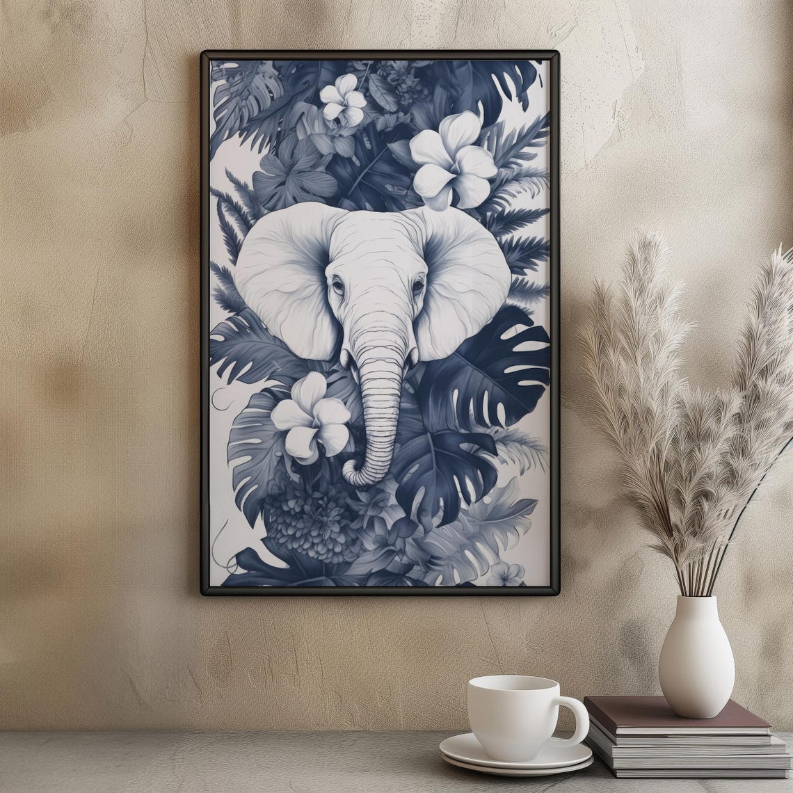 Monochrome Elephant Tropical Leaves Jungle Wildlife Safari Art Poster - Image 4