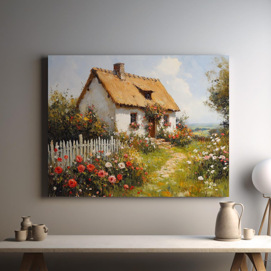 White Thatched Cottage Roses Garden Oil Painting Country Poster