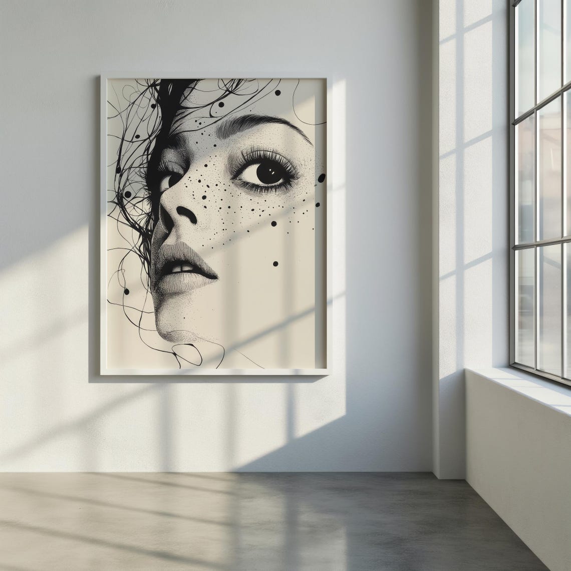 Freckled Woman Ink Portrait Black White Expressive Line Art Poster - Image 8