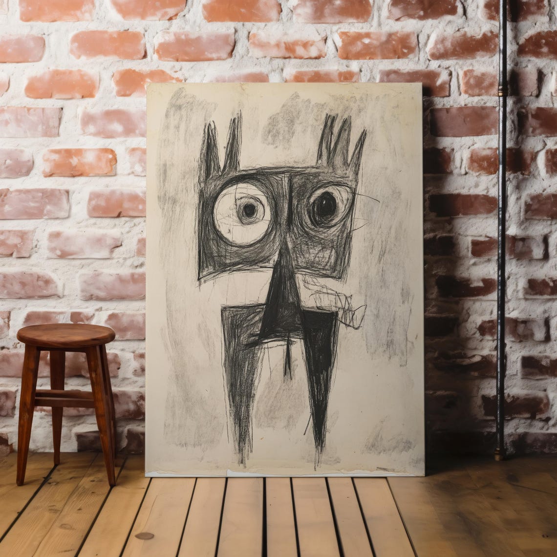 Primitive Cat Sketch Charcoal Big Eyes Abstract Animal Art Poster - Image 8