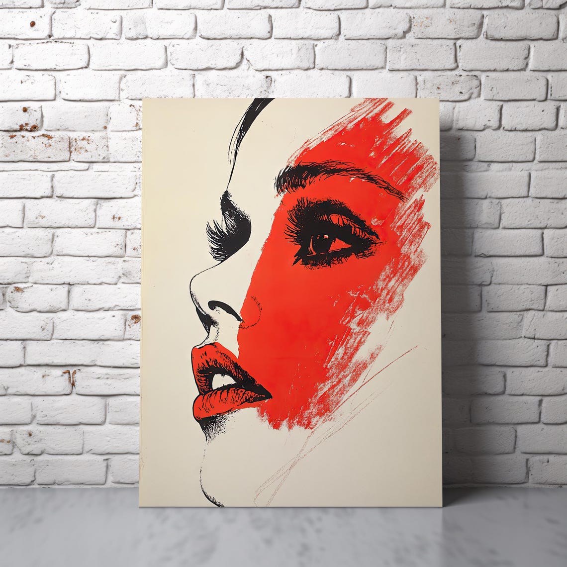Bold Red Pop Art Female Profile Portrait Black Line Art Poster - Image 6