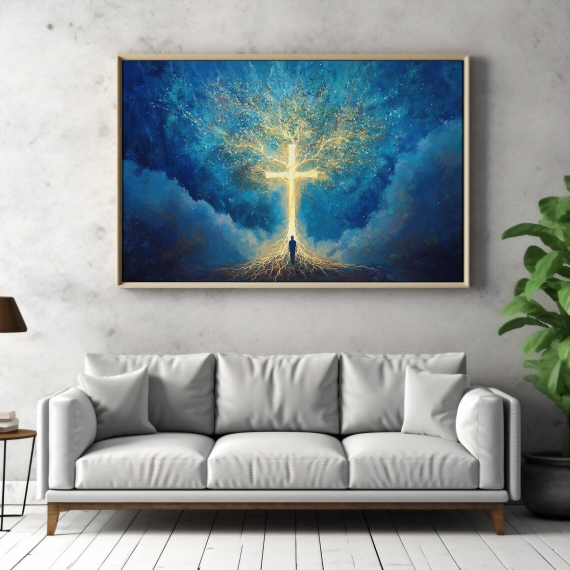 Spiritual Golden Cross Tree Of Life Glowing Roots Faith Night Sky Poster - Image 3