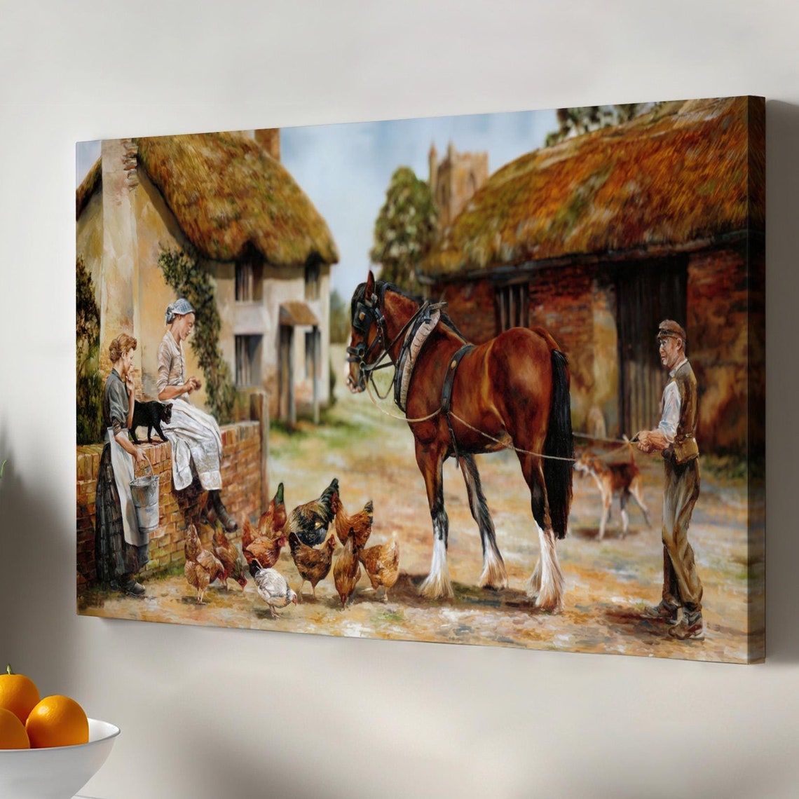 Medieval German Village Farm Horse Chickens Rustic Painting Poster