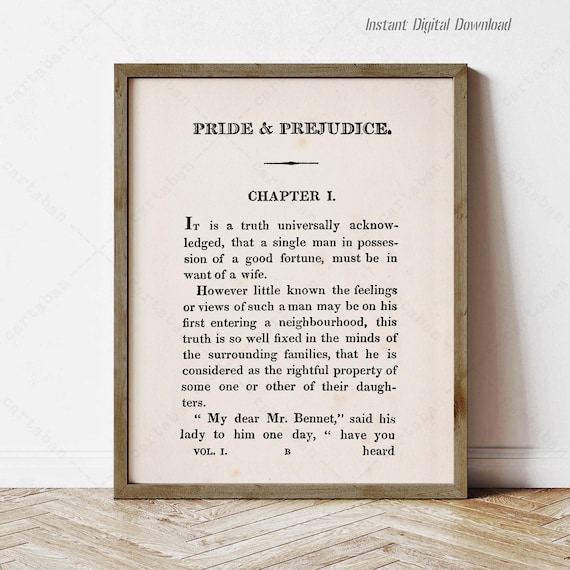 Pride and Prejudice Jane Austen First Page Chapter One Classic Poster