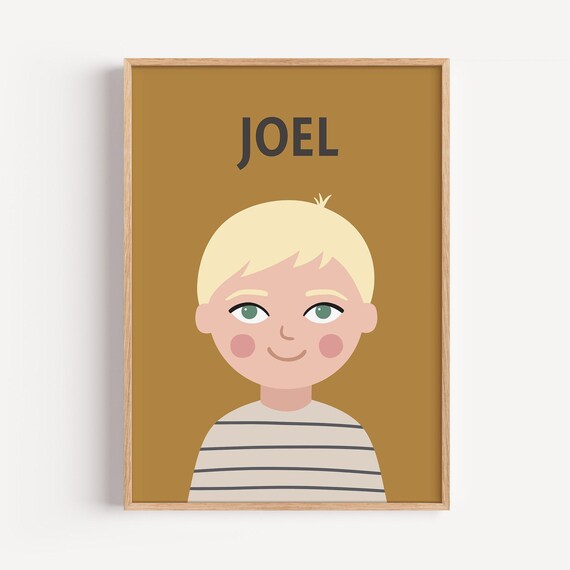 Personalized Boys Name Poster With Blonde Cartoon Boy on Mustard