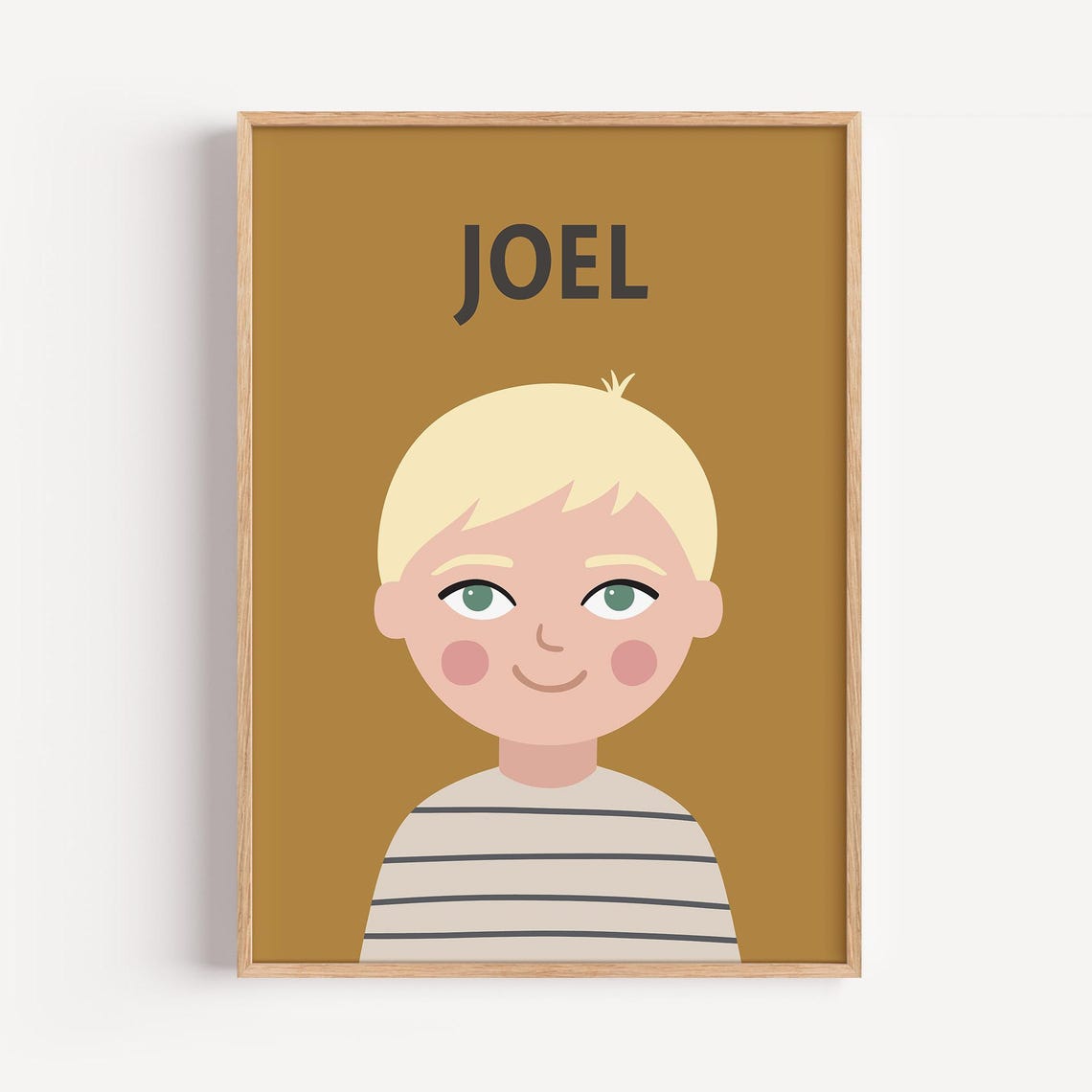 Personalized Boys Name Poster With Blonde Cartoon Boy on Mustard