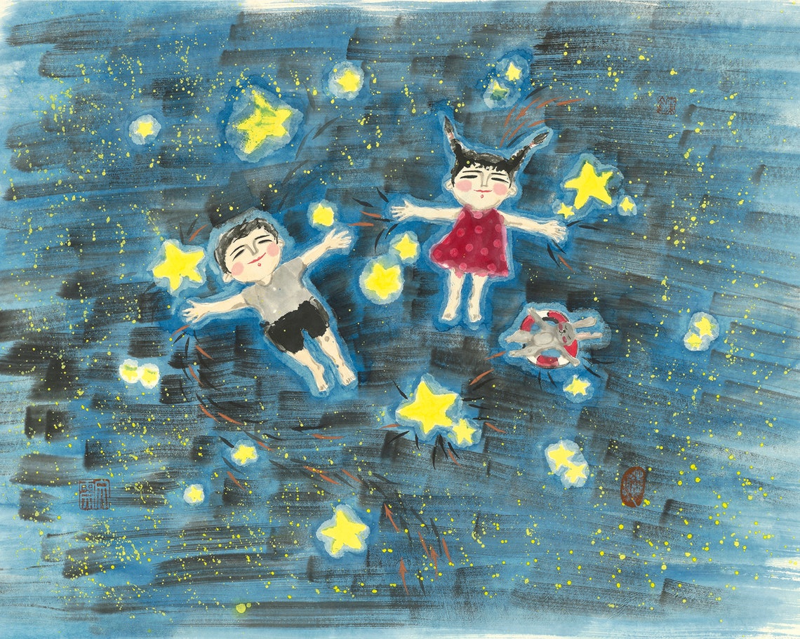Art Print Star Original Painting Print Chinese Ink Painting Print Kids Room Wall Decor Nursery Room Decor Kids With Friends Painting - Image 3