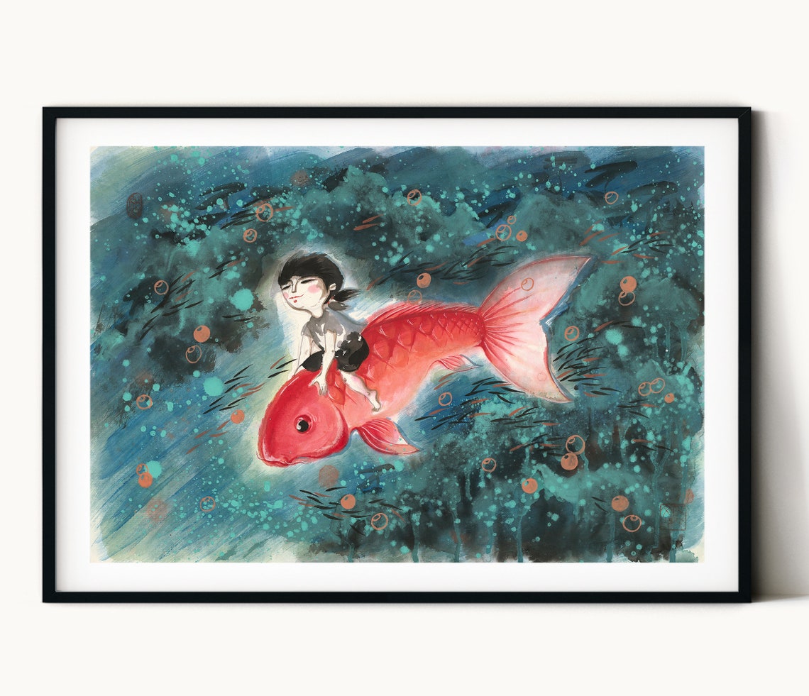 Swimming Art Print Kid And Koi Fish Print Painting Painting Print Chinese Painting Print Home Wall Decor Kids Room Art Wall Art - Image 2