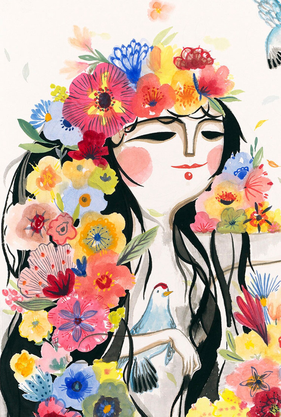 Flowers Girl Art Print, Chinese Painting Decor - Image 2