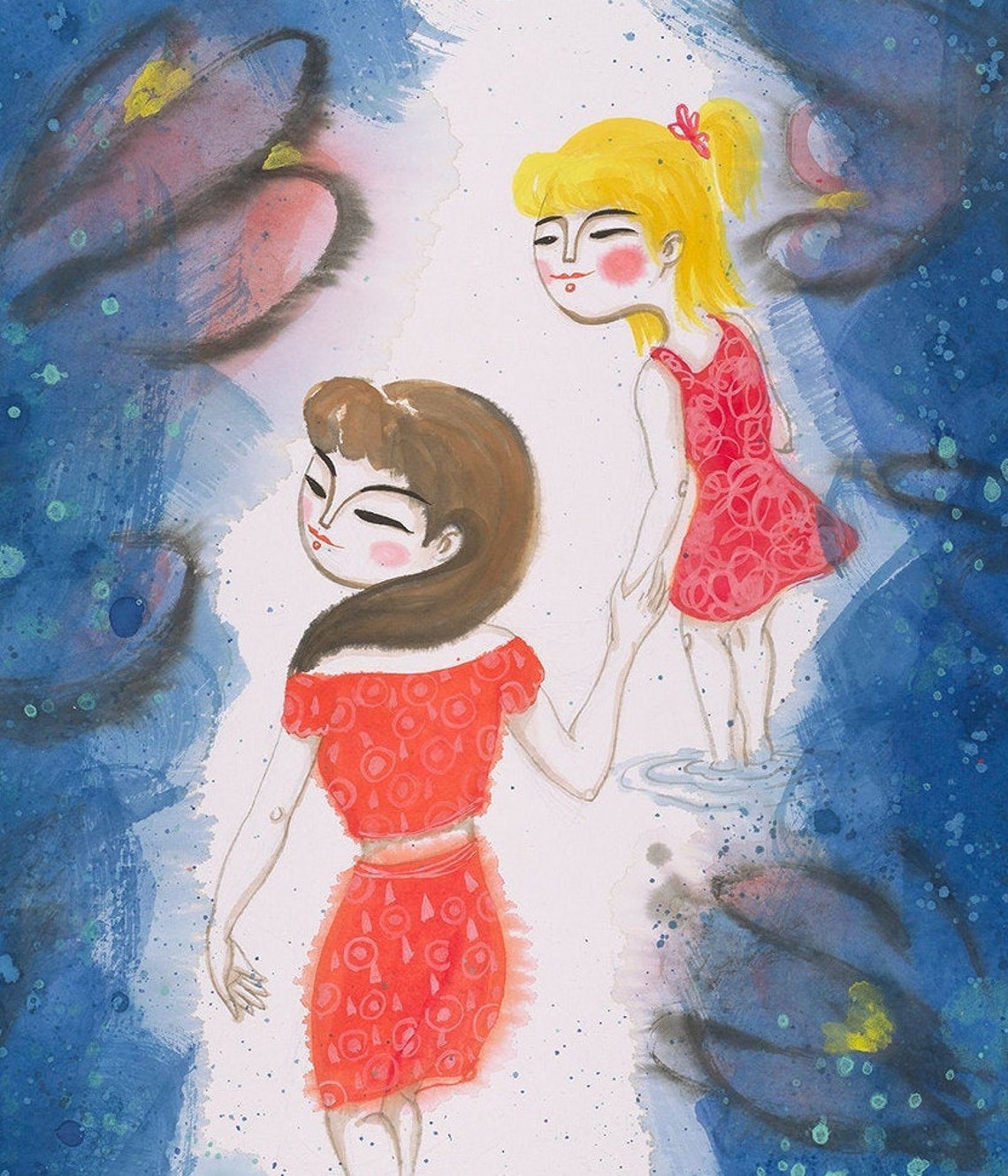 Two Girls Wading Dreamy Blue Watercolor Forest Art Sisters Poster - Image 3
