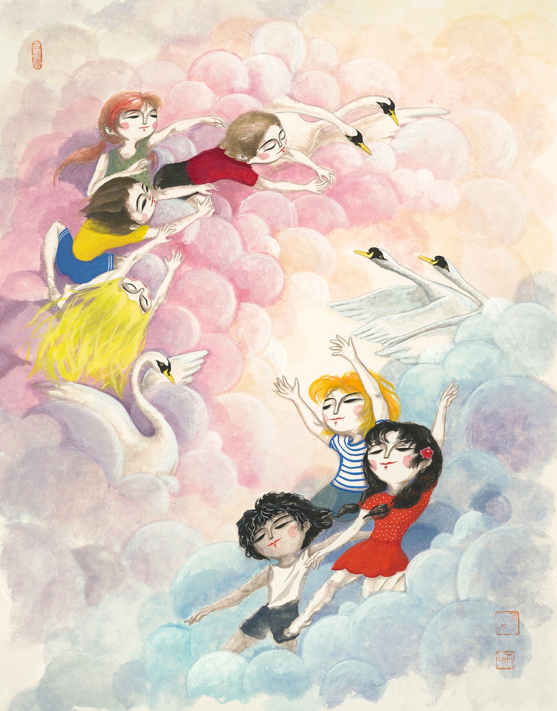 Kids Flying With Swans Pastel Clouds Dream Art Dreamy Poster - Image 4