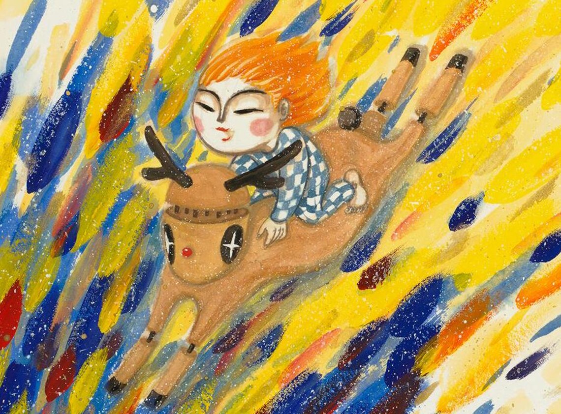 Red Haired Child Riding Deer Autumn Brush Art Adventure Poster - Image 3