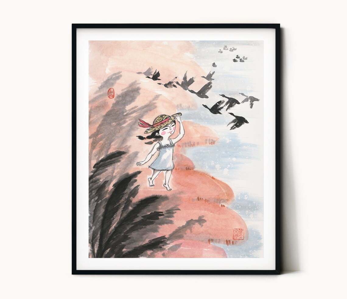 Girl And Geese Chinese Ink Art Print, Nursery Decor