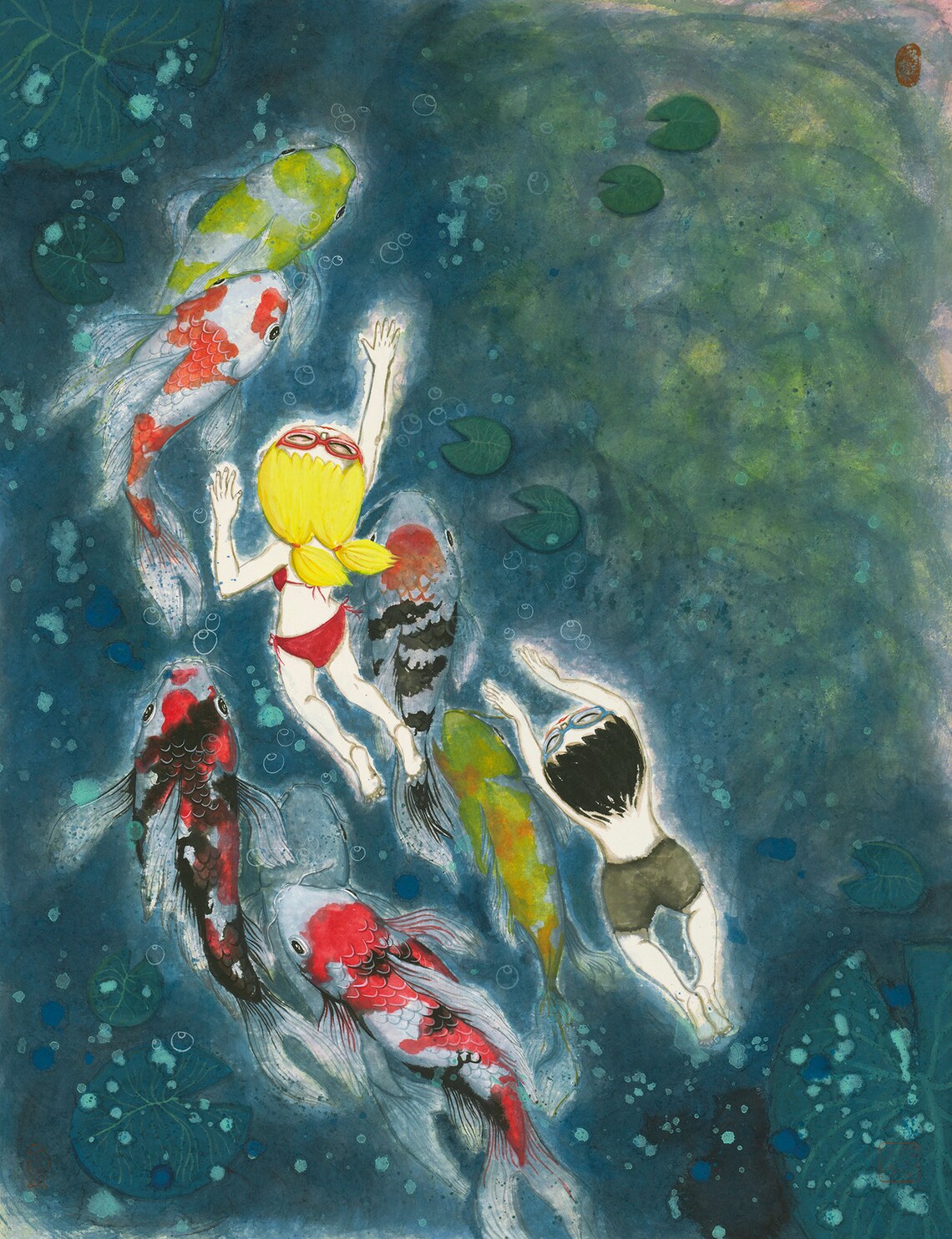 Girl, Boy and Koi Fish Chinese Ink Art Print - Image 4