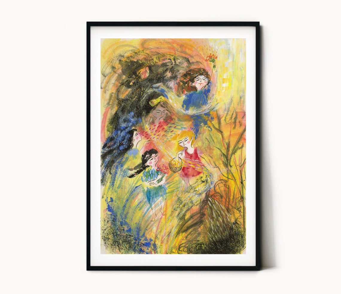 Happy Flowers Girls Art Print Happy Girls Print Painting Painting Print Chinese Painting Print Home Wall Decor Kids Room Art Wall Art - Image 2