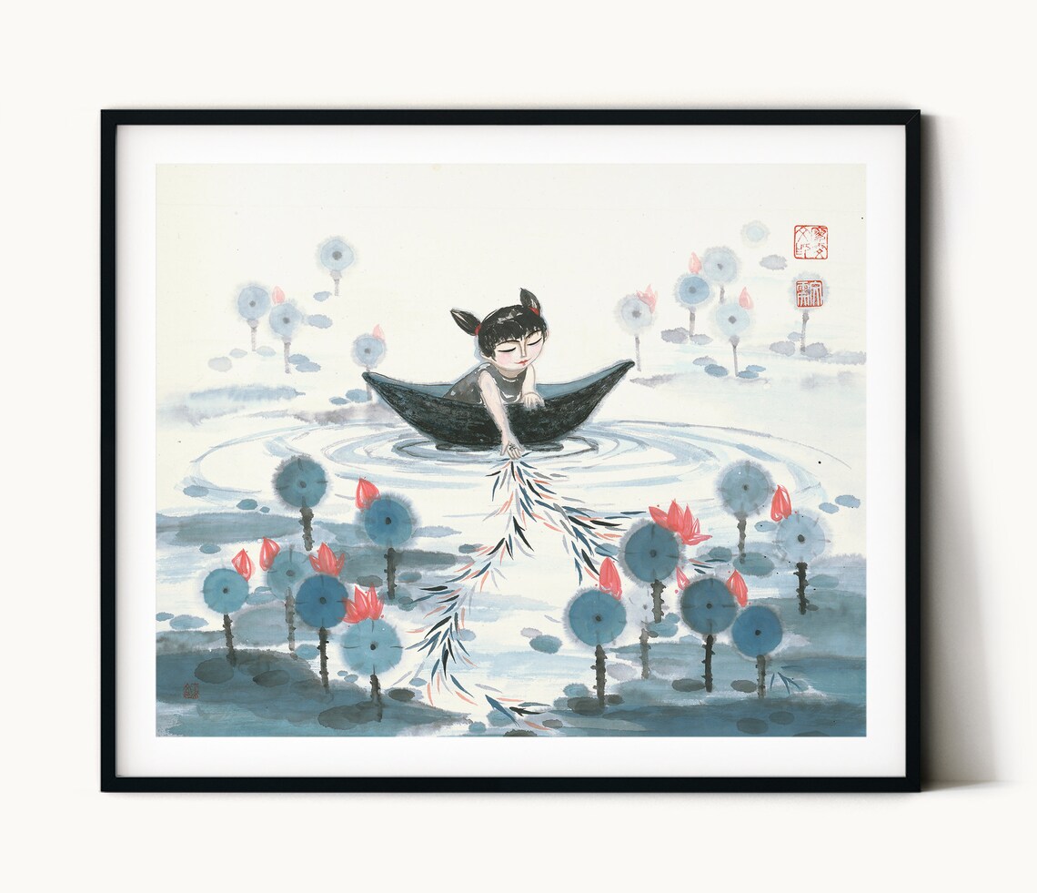 Girl Boat Waterlily Chinese Painting Art Print - Image 3