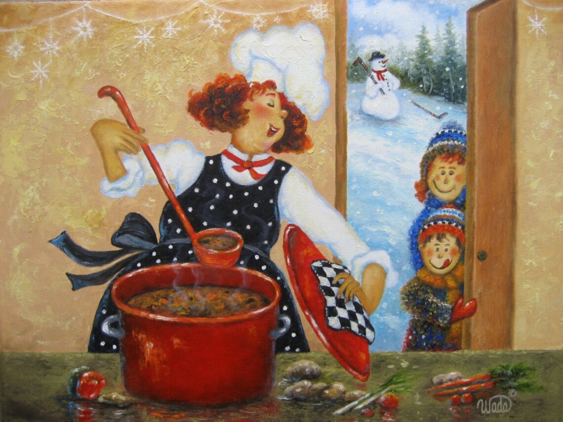 Redhead Chef Stirring Soup Pot by Snowy Window Winter Art Poster