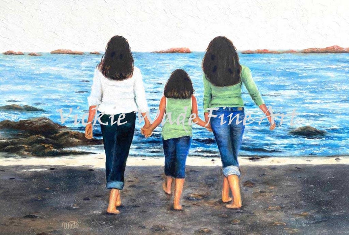 Three Sisters Holding Hands While Walking Toward The Ocean Poster