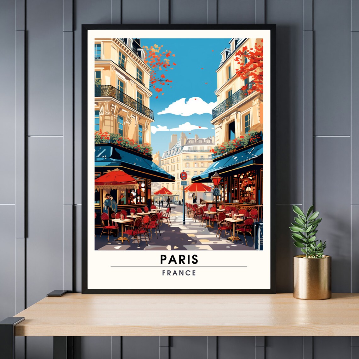 Paris France Café Terrace Red Chairs Autumn Street Scene Poster