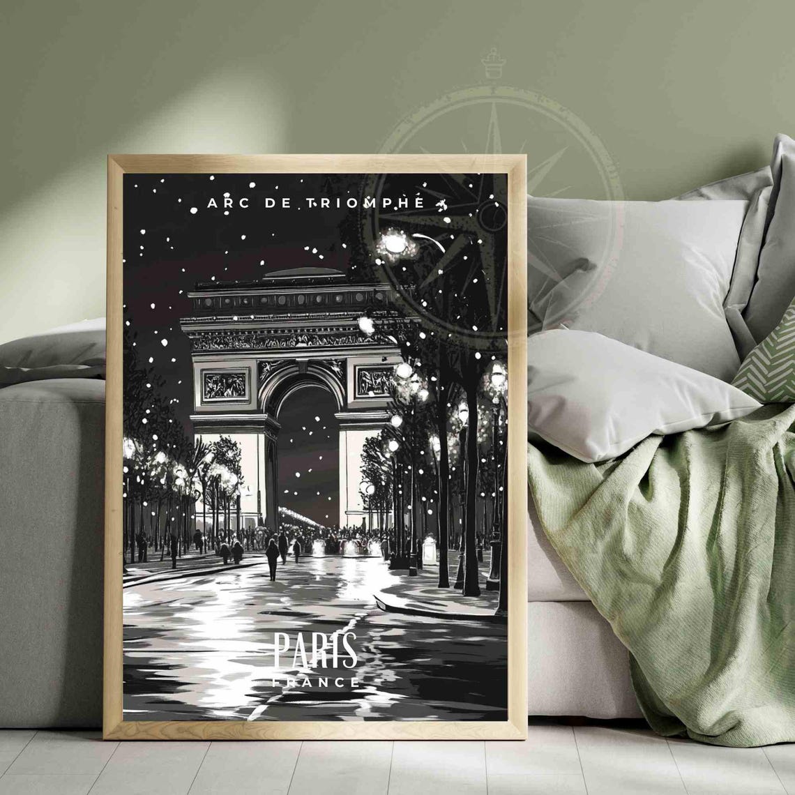 Paris Arc de Triomphe Black and White Night Avenue Lights Poster - Image 3
