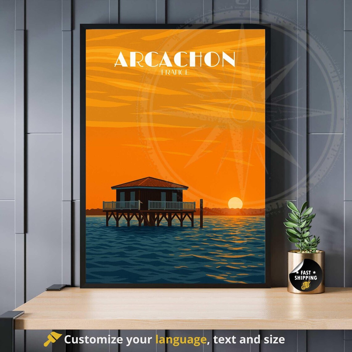 Arcachon France Sunset Stilt House Bay Coastal Travel Poster