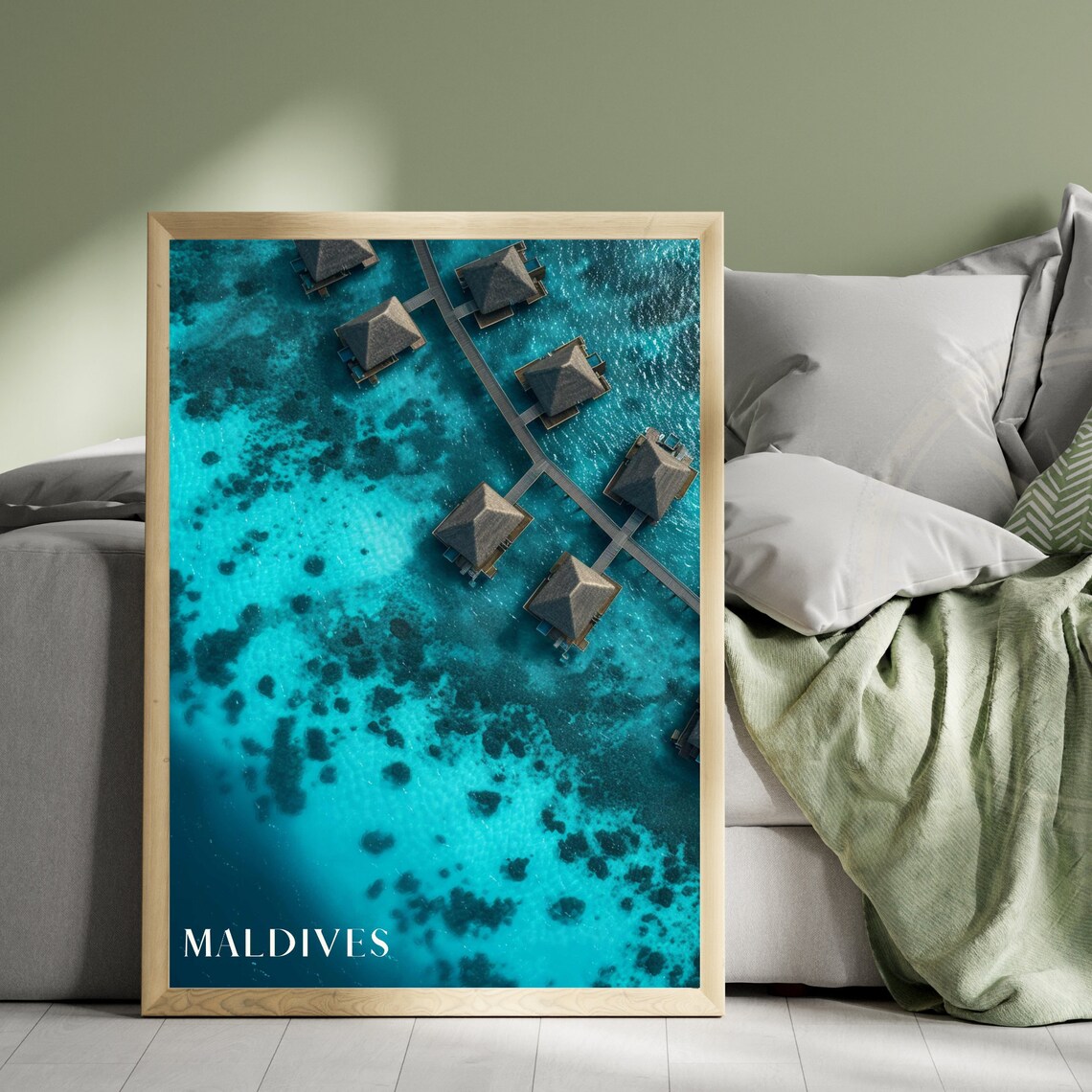 Maldives Aerial Overwater Villas Turquoise Ocean Travel Poster