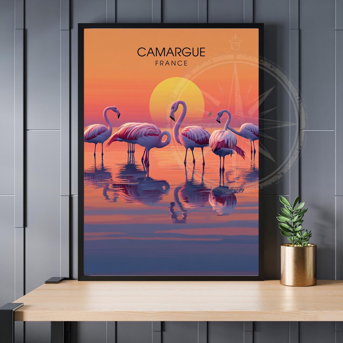 Camargue France Flamingos Orange Sunset Lagoon Reflection Poster