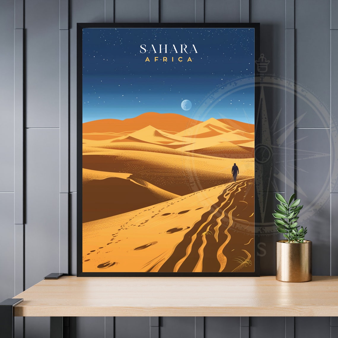 Sahara Africa Poster Starry Night Desert Dunes Moonlight Wanderer Art