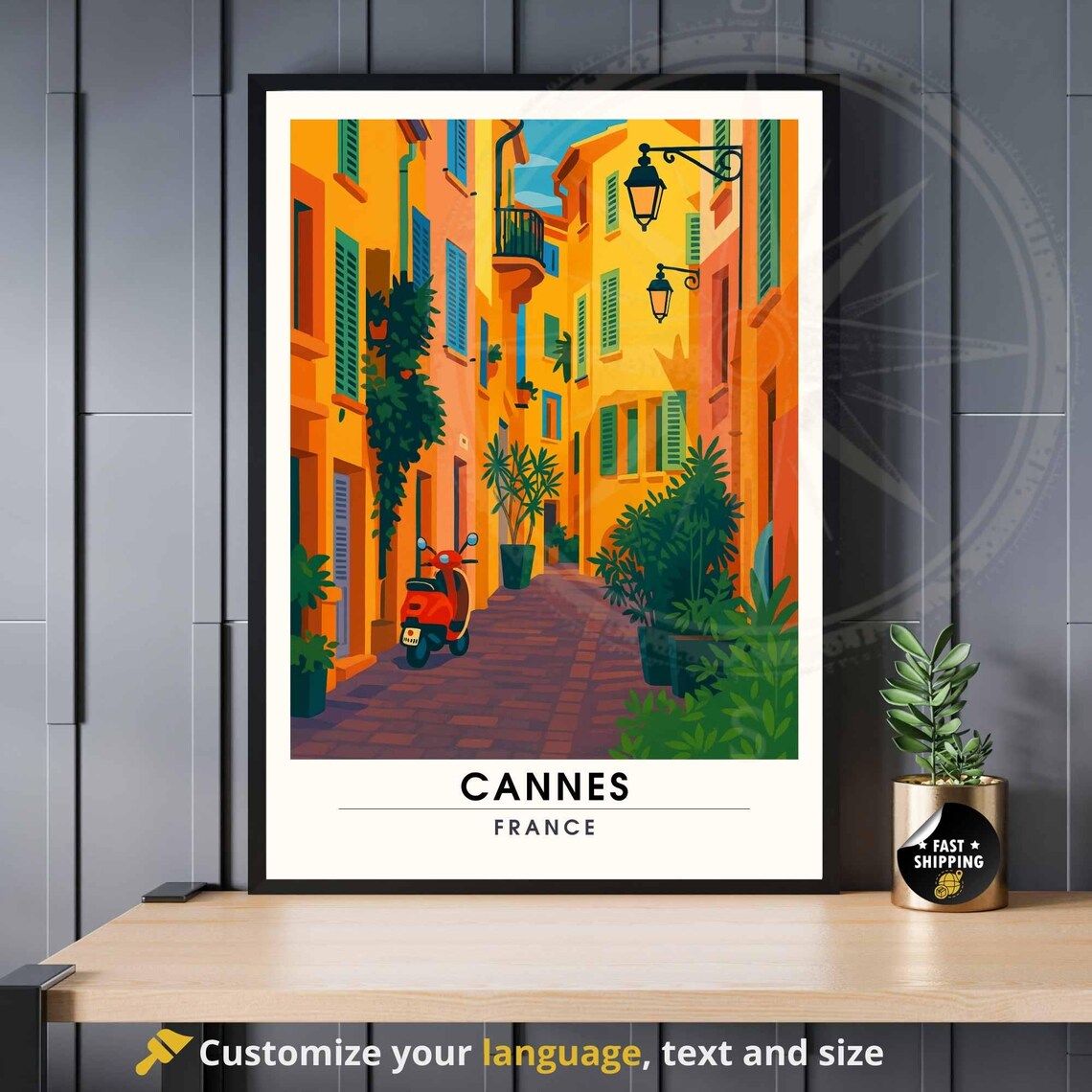 Cannes France Old Town Street Red Vespa Colorful Travel Poster