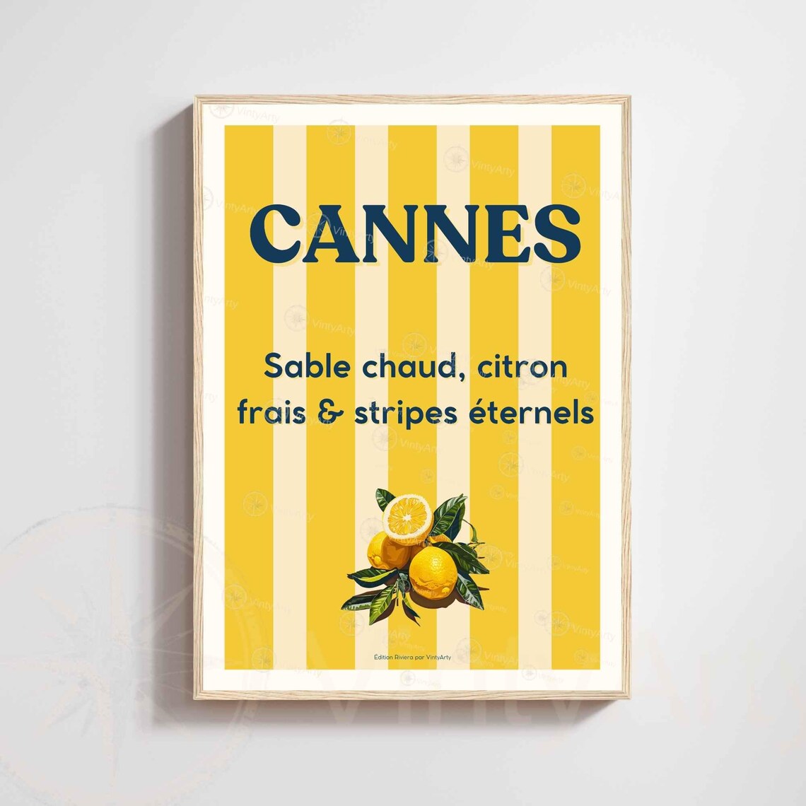 Cannes Lemon Travel Poster French Riviera Stripes Citrus Typography Decor