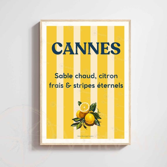 Cannes Lemon Poster Striped Wall Art French Riviera Typography Print