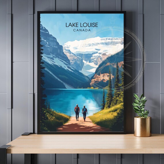 Lake Louise Canada Hikers Lakeshore Trail Mountain Retro Travel Poster