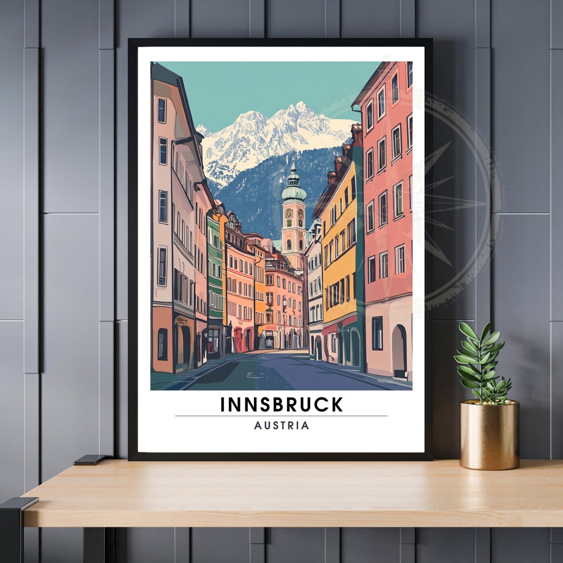 Innsbruck Austria Old Town Church Tower Mountain View Travel Poster