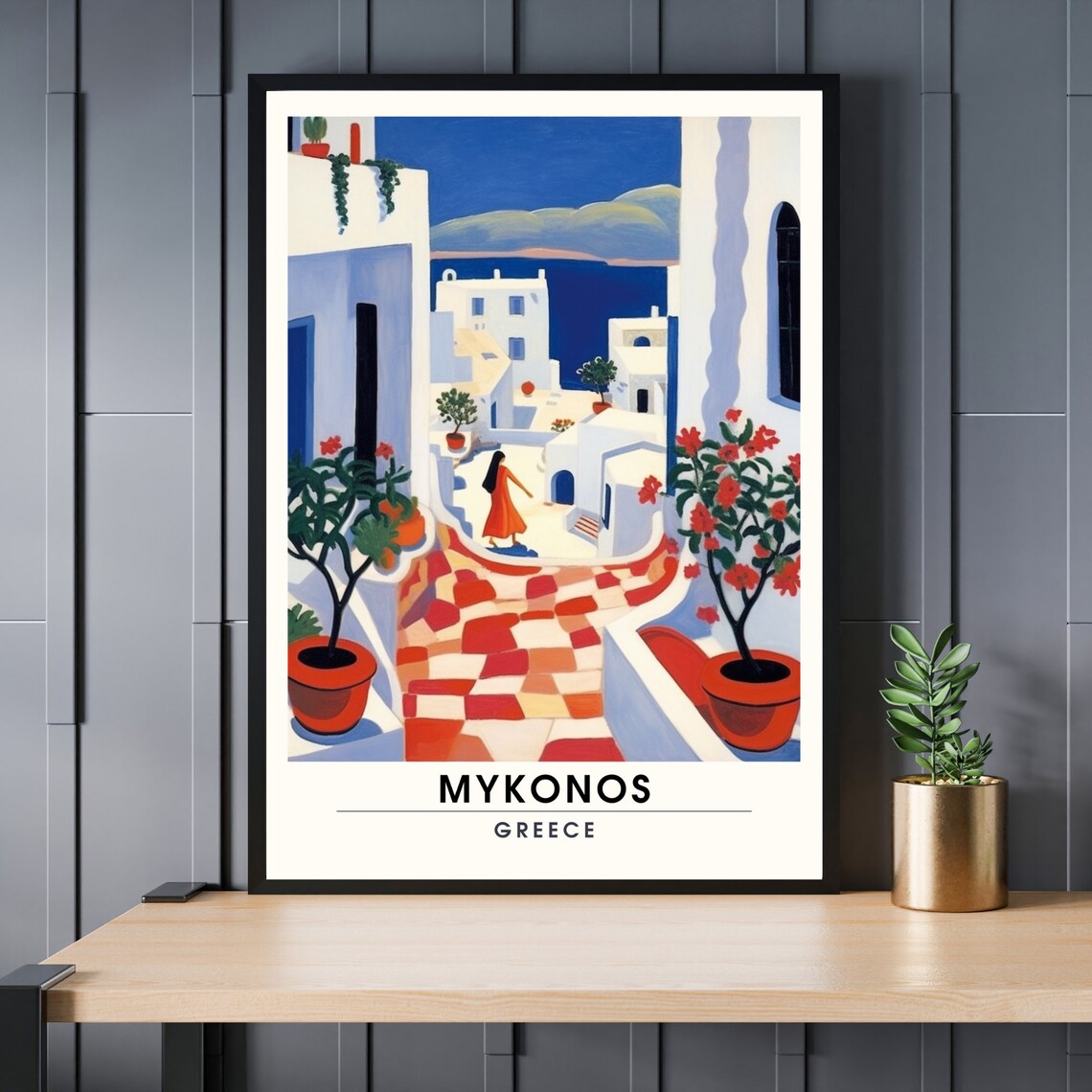 Mykonos Greece Whitewashed Alley Travel Poster Red Flowers View