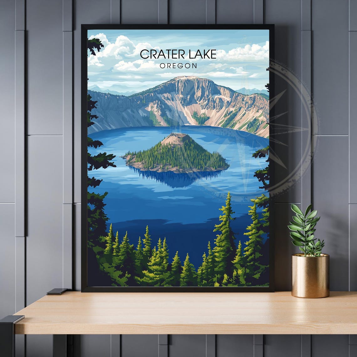Crater Lake Oregon Wizard Island Cliffs Vintage Travel Poster
