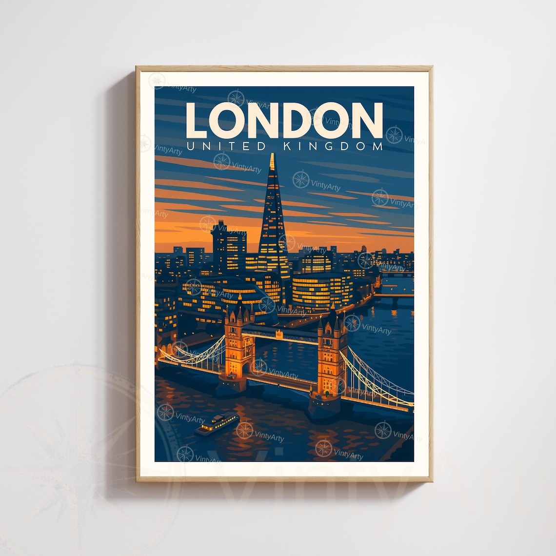 London Tower Bridge Shard Dusk Golden City Lights Travel Poster