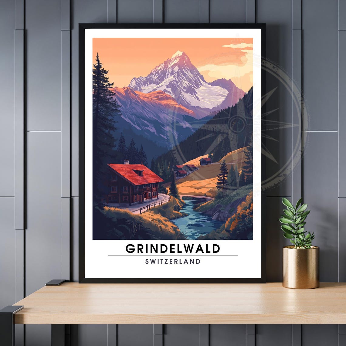 Grindelwald Switzerland Alpine Cabin River Sunset Mountain Poster