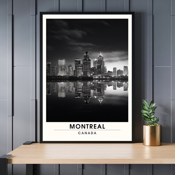 Montreal Canada Black and White Night Skyline Reflection Poster