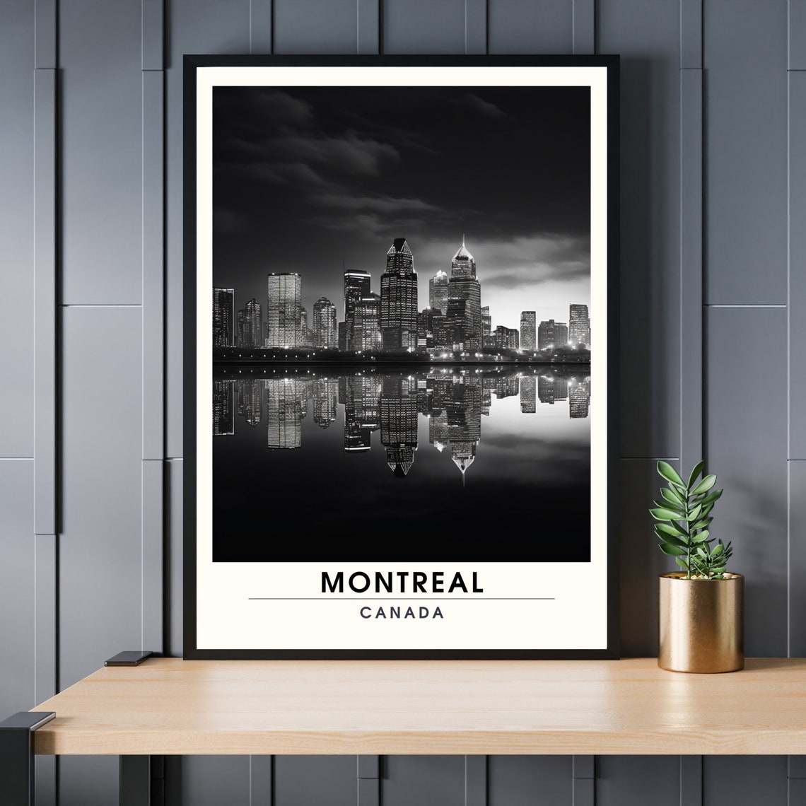 Montreal Canada Black and White Night Skyline Reflection Poster