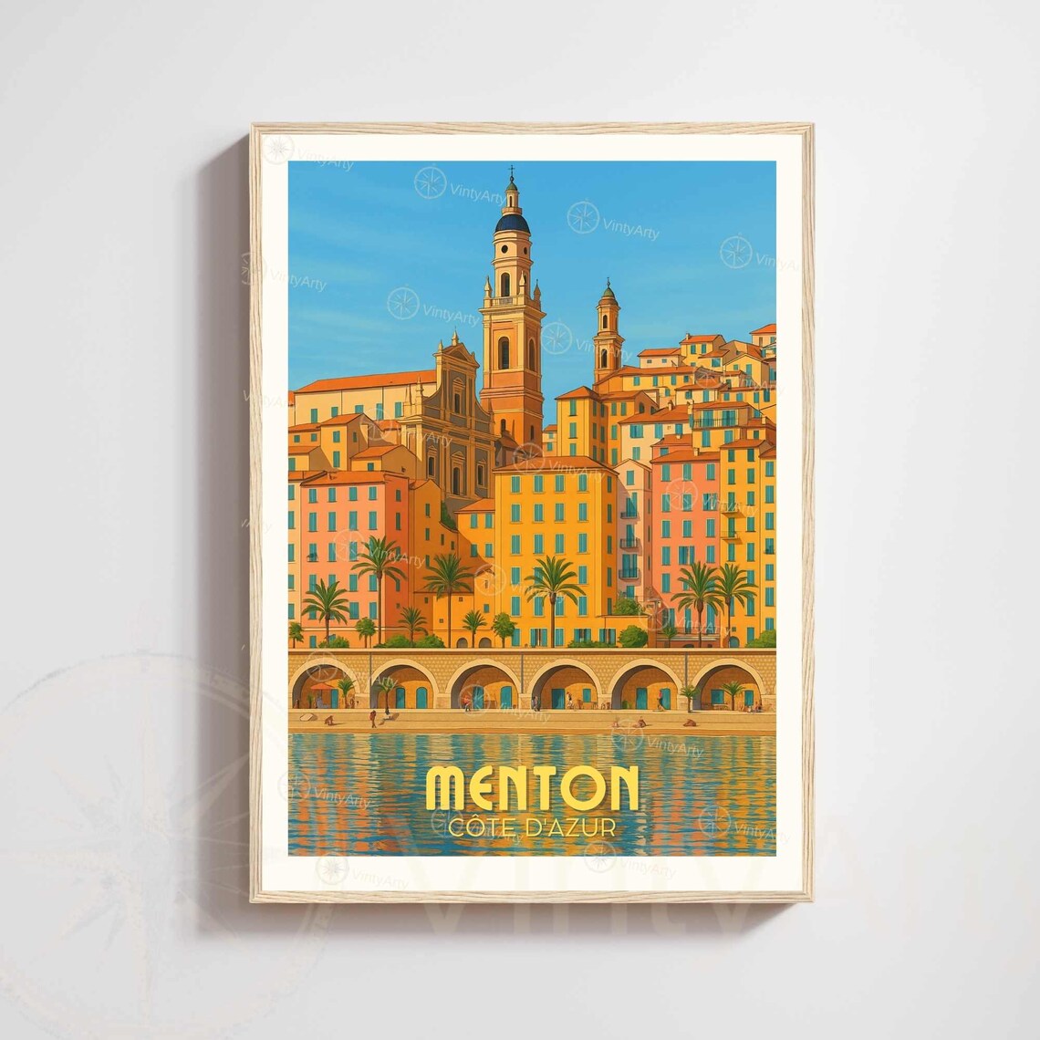 Menton French Riviera Basilica Palm Waterfront Vintage Travel Poster