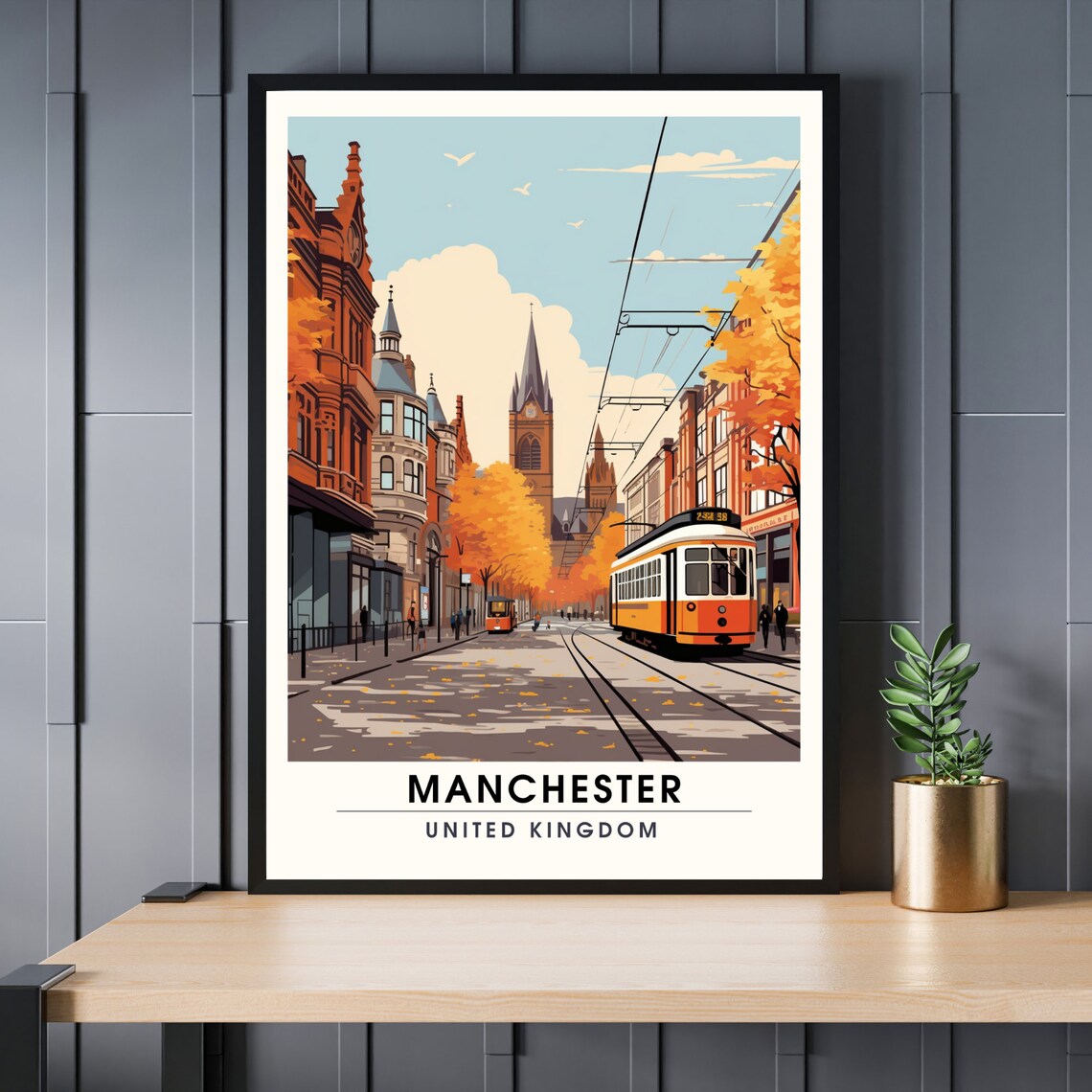 Manchester United Kingdom Autumn Tram Street Vintage Travel Poster