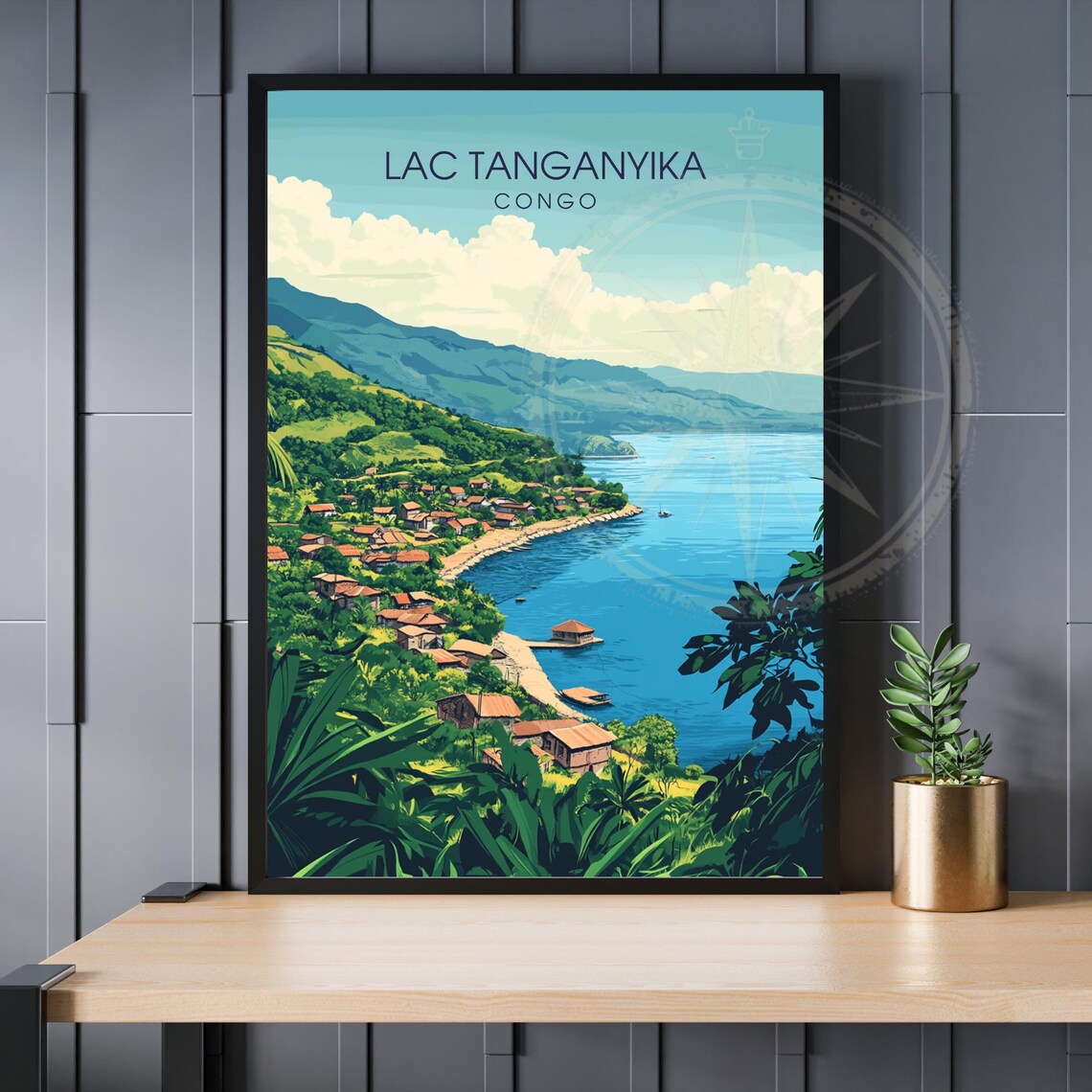 Lac Tanganyika Congo Lakeside Village Green Hills Sunny Travel Poster