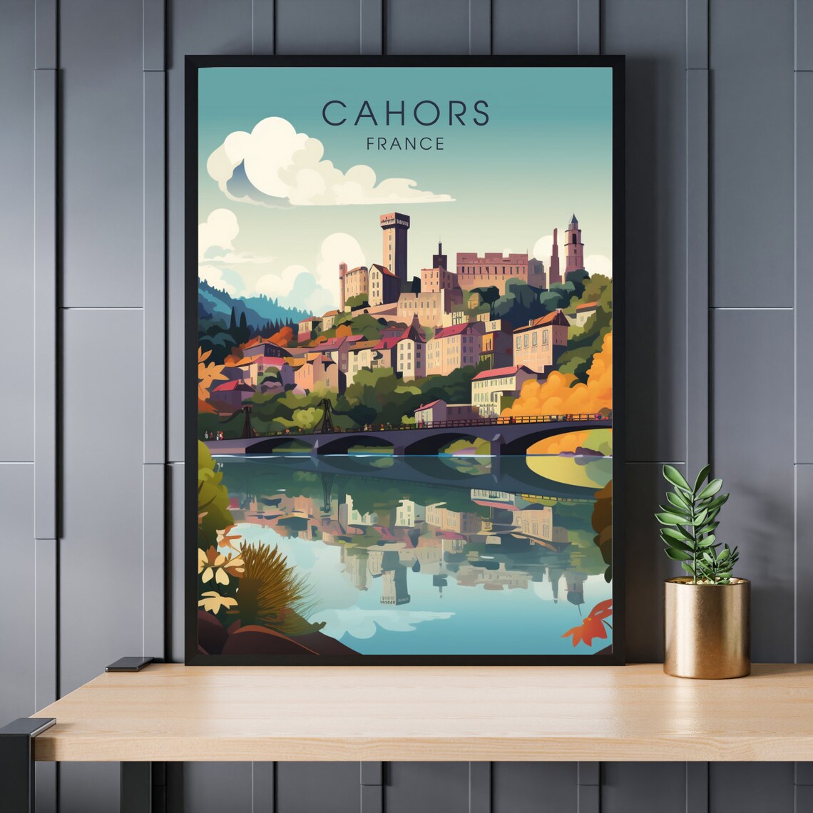 Cahors France Riverside Old Town Bridge Reflection Travel Poster