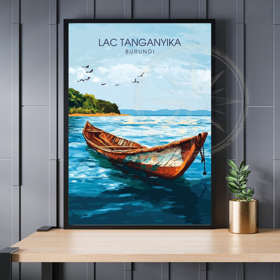 Lac Tanganyika Burundi Wooden Canoe Blue Water Vintage Travel Poster