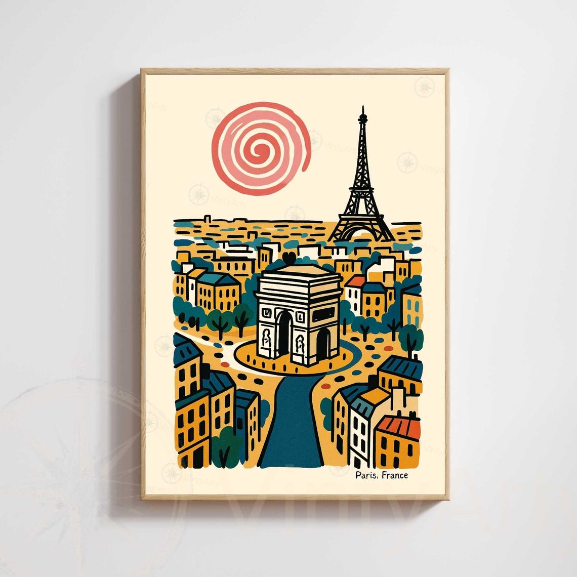 Paris France Hand Drawn Eiffel Tower Arc De Triomphe City Poster